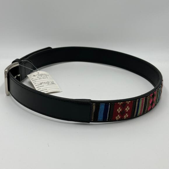 NWT Black Leather Multicolor Cotton Fabric Inlay Silvertone Metal Buckle Belt M - Picture 7 of 12